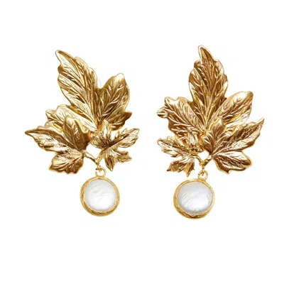 Les Reines Women's Golden Leaf With Pearl - Statement Earrings 24k Gold Plated