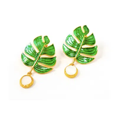 Les Reines Women's Green / Gold Camelbase With Pearl - Green Earrings 24k Gold Plated