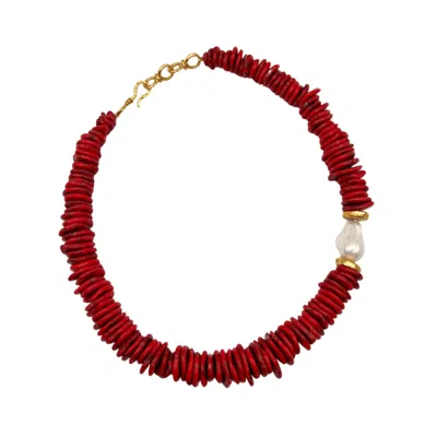 Les Reines Women's Red / Gold Mimosa - Coral Beaded Necklace With Pearl In Multi