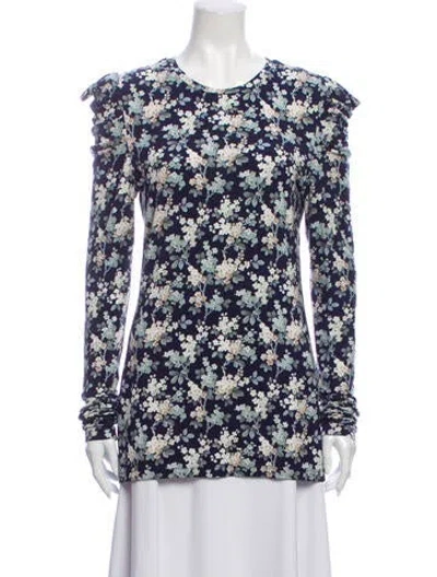 Pre-owned Les Rêveries Floral Print Crew Neck Blouse W/ Tags In Blue
