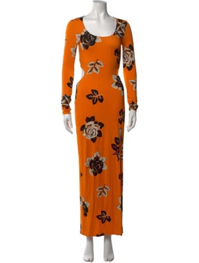 Pre-owned Les Rêveries Floral Print Long Dress In Orange