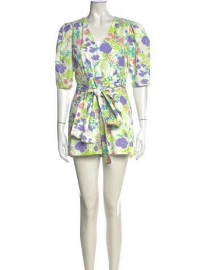 Pre-owned Les Rêveries Floral Print V-neck Romper In White