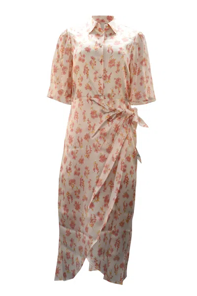 Pre-owned Les Rêveries Floral Print Wrap Midi Dress In White Silk In Brown