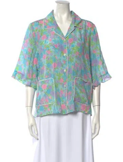 Pre-owned Les Rêveries Silk Floral Print Button-up Top In Blue