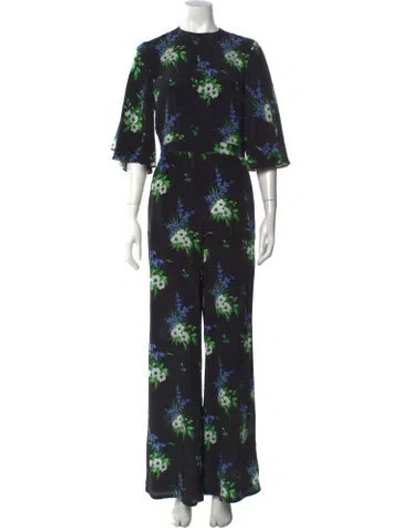 Pre-owned Les Rêveries Silk Floral Print Jumpsuit In Black/blue/green