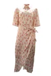 Les Rêveries Floral Print Wrap Midi Dress In White Silk In White
