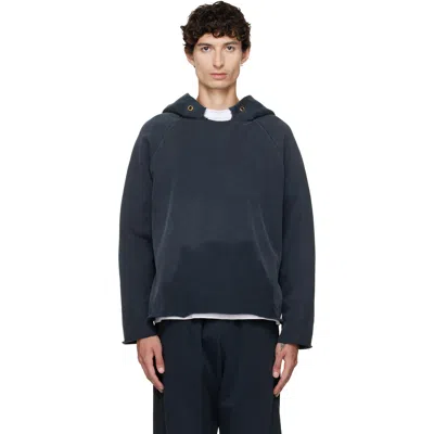 Les Tien Black Heavyweight Raw Raglan Hoodie In Blue
