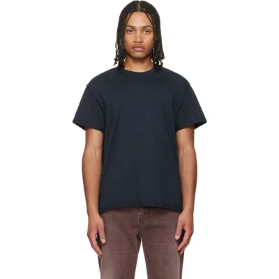 Les Tien Black Lightweight Binded Neck Inside Out T-shirt In Blue