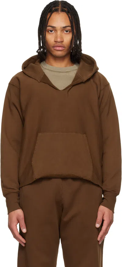 Les Tien Brown Heavyweight Raw Cropped Hoodie