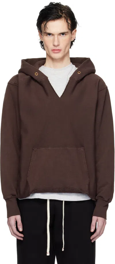 Les Tien Brown Heavyweight Raw Cropped Hoodie