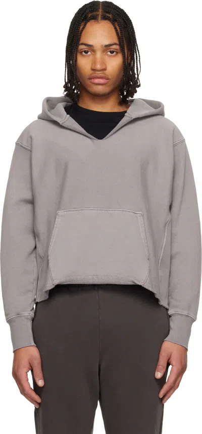 Les Tien Gray Heavyweight Raw Cropped Hoodie