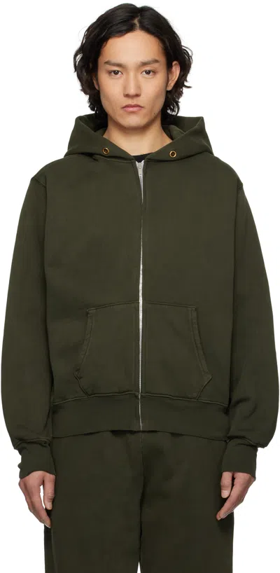 Les Tien Khaki Heavyweight Zip Hoodie In Washed Forest