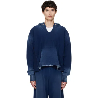 Les Tien Navy Heavyweight Raw Cropped Hoodie In Blue