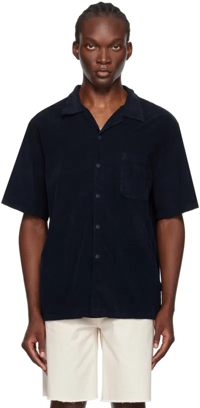 Les Tien Camp-collar Cotton-corduroy Shirt In Navy
