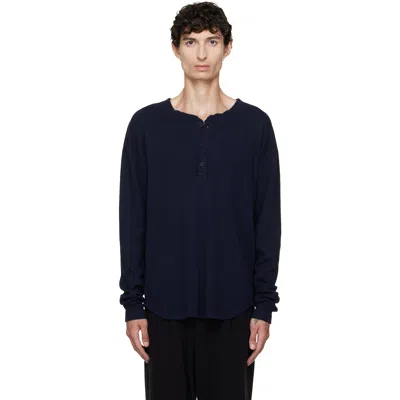 Les Tien Navy Thermal Baseball Hem Henley In Blue