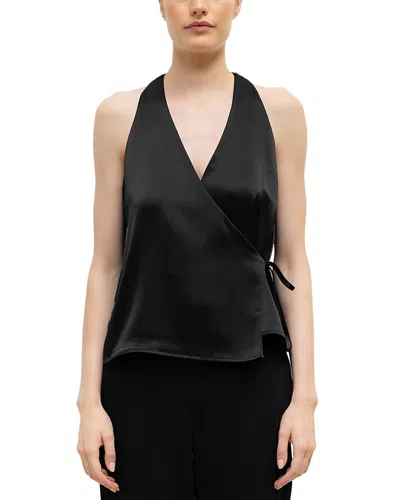 Leset Barb Sleeveless Satin Wrap Top In Black