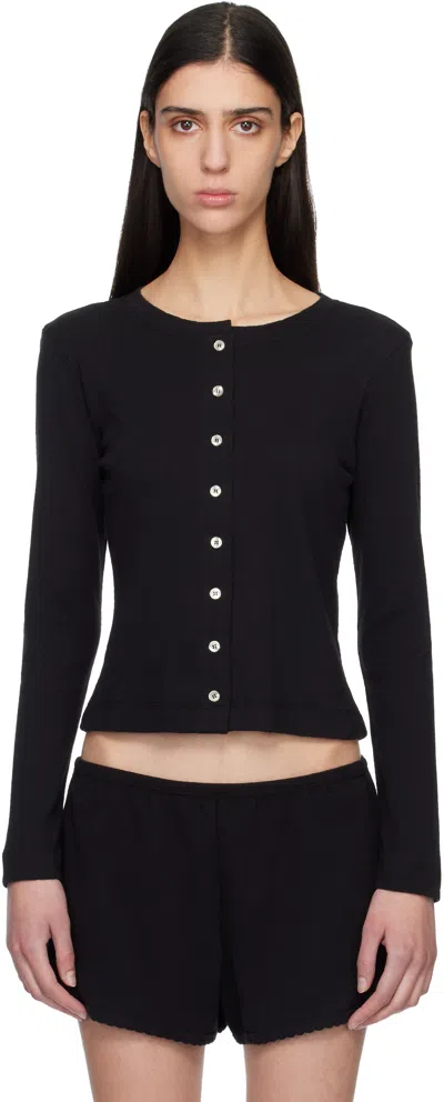 Leset Black Pointelle Classic Crew Cardigan