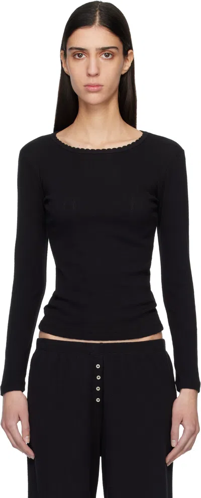 Leset Black Pointelle Slim Fit Long Sleeve T-shirt