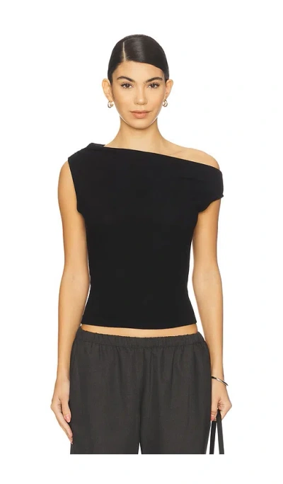 Leset Lauren Ruched Asymmetrical Shoulder Top In Black