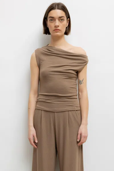 Leset Lauren Ruched Asymmetrical Shoulder Top In Brown