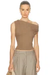 Leset Lauren Ruched Asymmetrical Shoulder Top In Brown