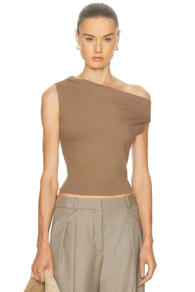 Leset Lauren Ruched Asymmetrical Shoulder Top In Brown