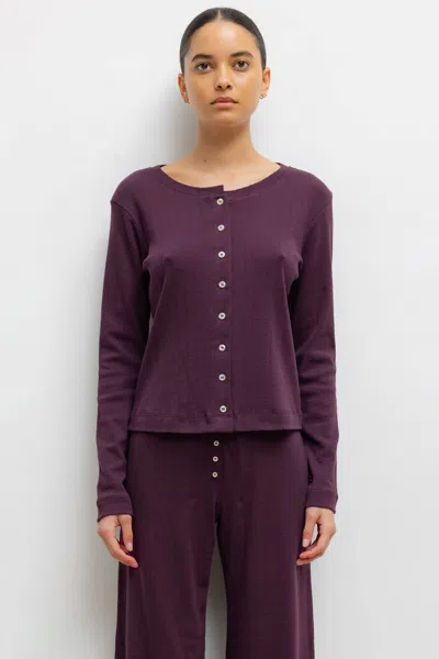 Leset Pointelle Classic Crew Cardigan In Dark Berry