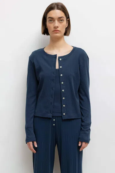 Leset Pointelle Classic Crew Cardigan In Midnight