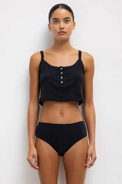 Leset Pointelle Crop Button Scoop Neck Tank In Black