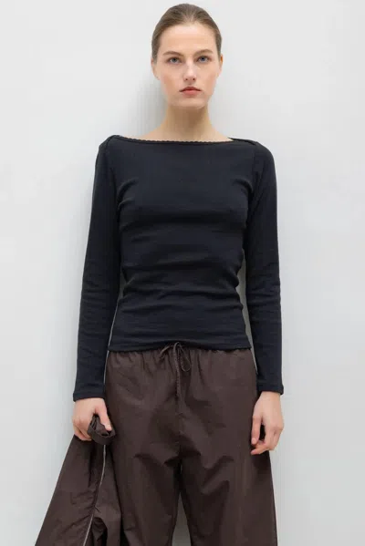 Leset Pointelle Long Sleeve Bateau Top In Black