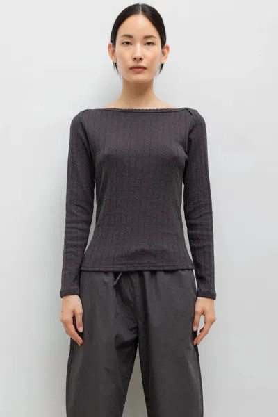 Leset Pointelle Long Sleeve Bateau Top In Hickory Melange