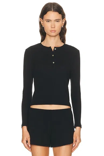 Leset Pointelle Long Sleeve Henley Top In Black