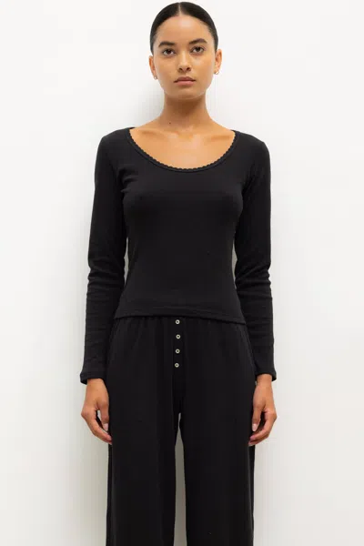 Leset Pointelle Long Sleeve Scoop Neck In Black