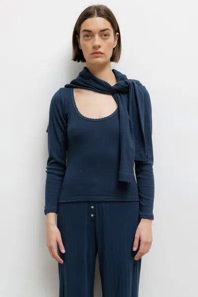 Leset Pointelle Long Sleeve Scoop Neck In Blue