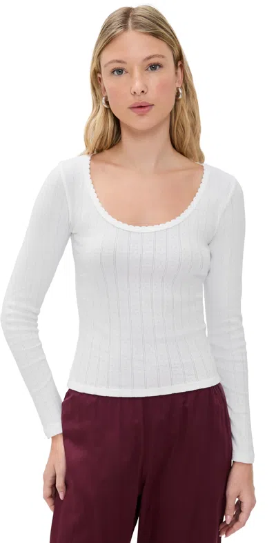 Leset Pointelle Scoop Neck Long Sleeve Shirt White