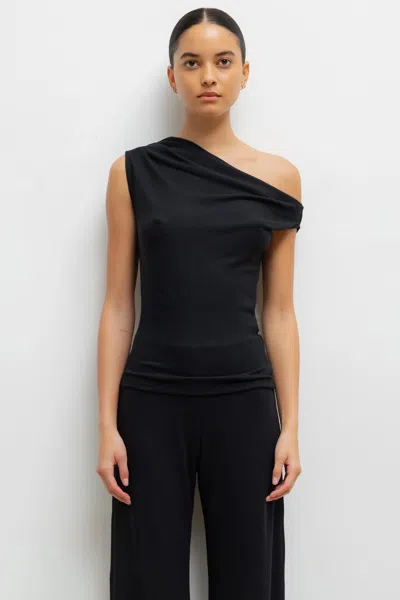 Leset Pre-order: Lauren Ruched Asymmetrical Shoulder Top In Black