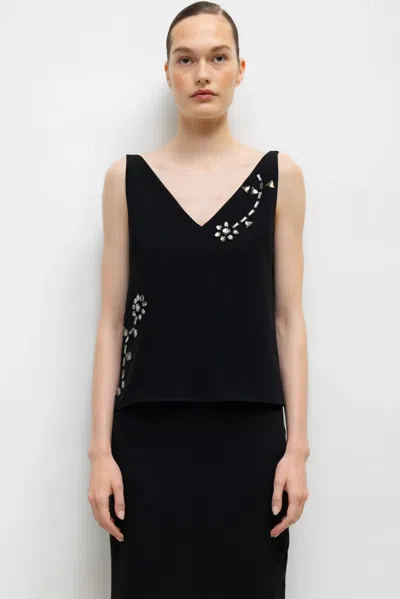 Leset Pre-order: Arielle Embroidered V Neck Tank In Black
