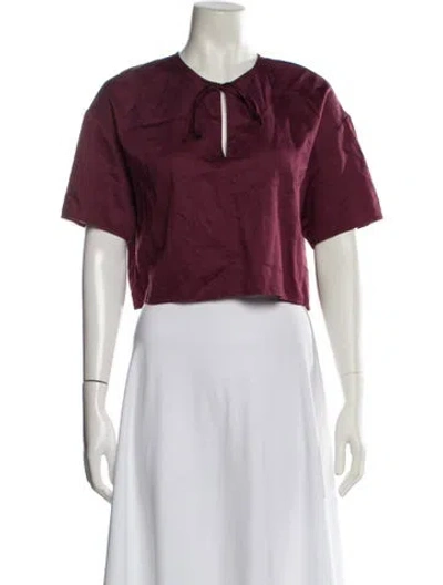 Pre-owned Leset Tie Neck Short Sleeve Crop Top In Burgundy