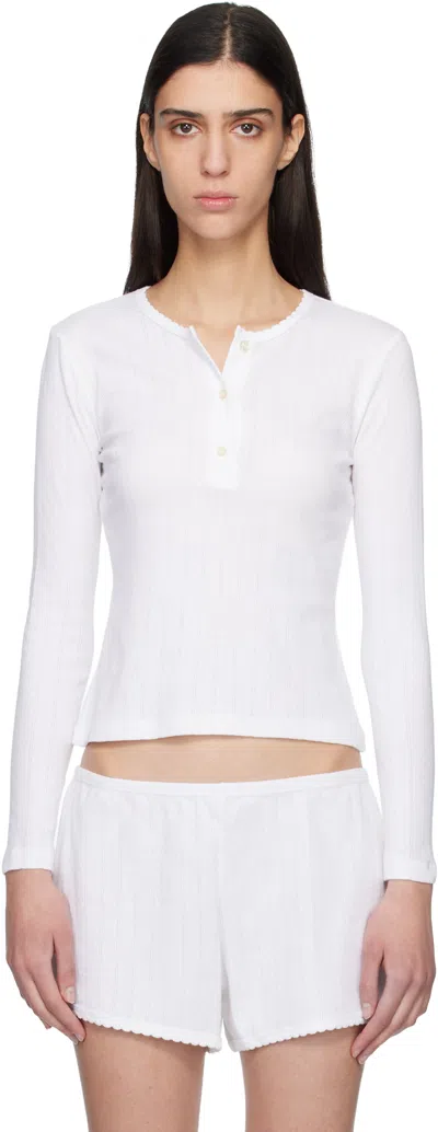 Leset White Pointelle Long Sleeve Henley