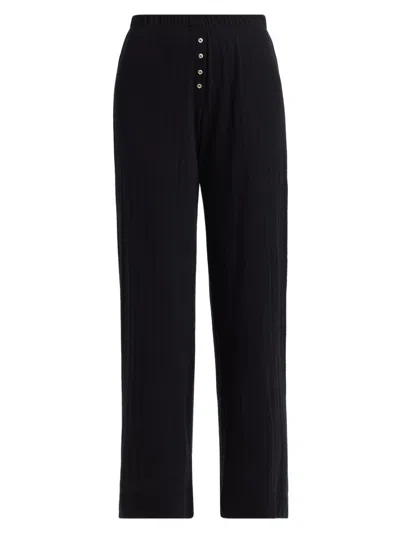 Leset Boxer Pointelle-knit Cotton Wide-leg Pants In Black