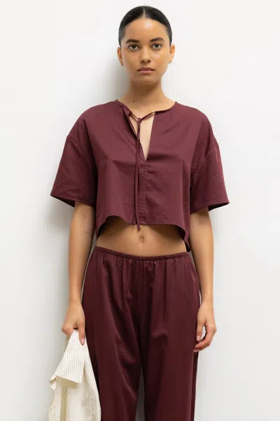 Leset Yoko Short Sleeve Tie Top In Burgundy
