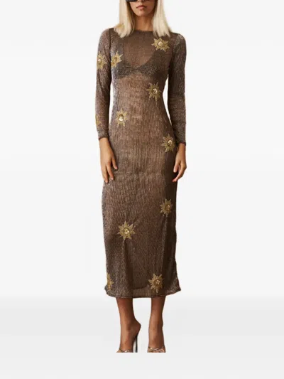 Leslie Amon Long-sleeved Star-motif Midi Dress In Brown