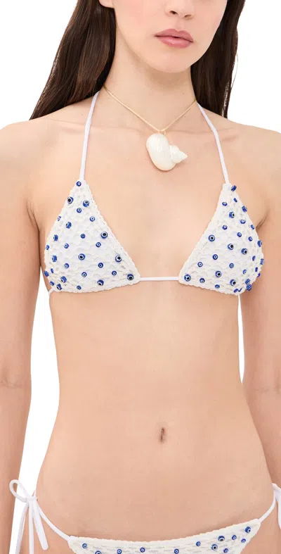 LESLIE AMON MICRO EVIL EYE BIKINI TOP WHITE AND BLUE