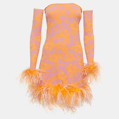 Pre-owned Leslie Amon Multicolour Floral Jacquard Feather Trim Laurie Tube Dress S In Multicolor