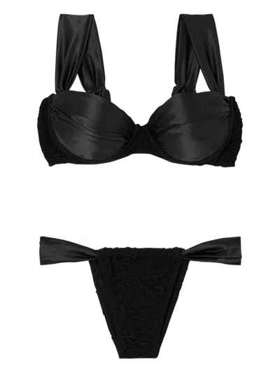 Leslie Amon Paloma Satin-bow Bikini Bottom In Black