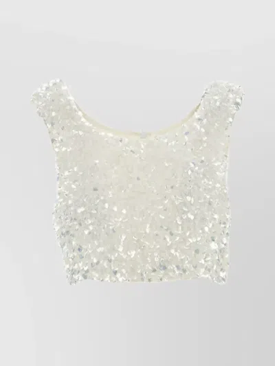 Leslie Amon Sequin Embellished Cropped Top With Short Sleeves In White