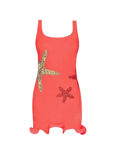 Leslie Amon Starfish-embellished Ruffled Mini-dress In Red