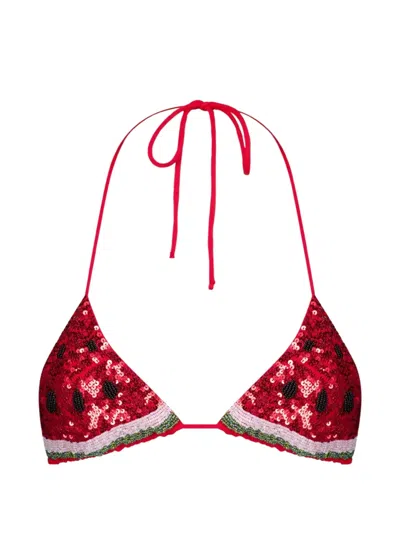 Leslie Amon Watermelon Sequin-embellished Bikini Top In Red