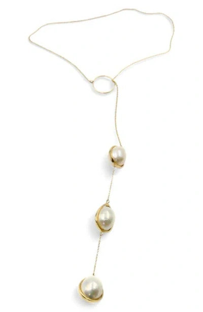 Leslie Paige Freshwater Pearl Droplet Lariat Necklace In Yellow Gold/ Pearl