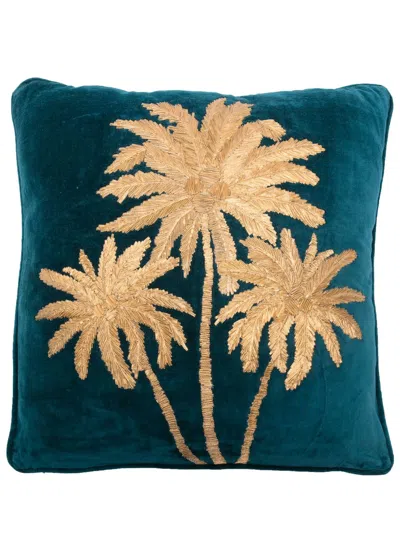 Les-ottomans Blue Palm Tree-embroidered Velvet Cushion